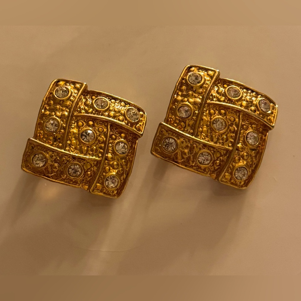 Goldtone Basketweave Crystal Clip On Earrings